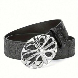 Black Embossed Leather Belt with Silver Buckle